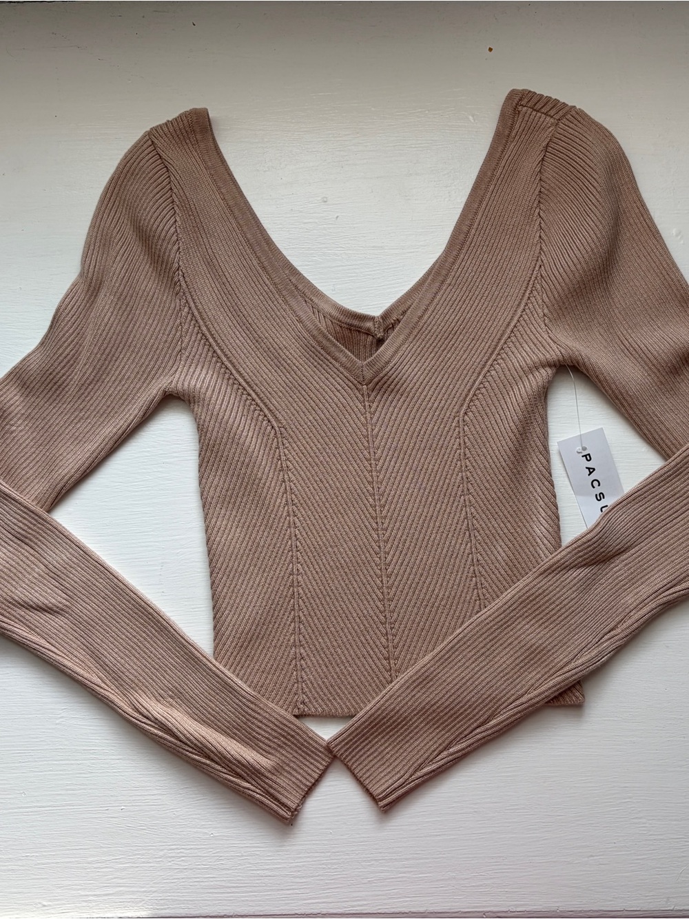PacSun V-Neck Ribbed Sweater Top in Taupe